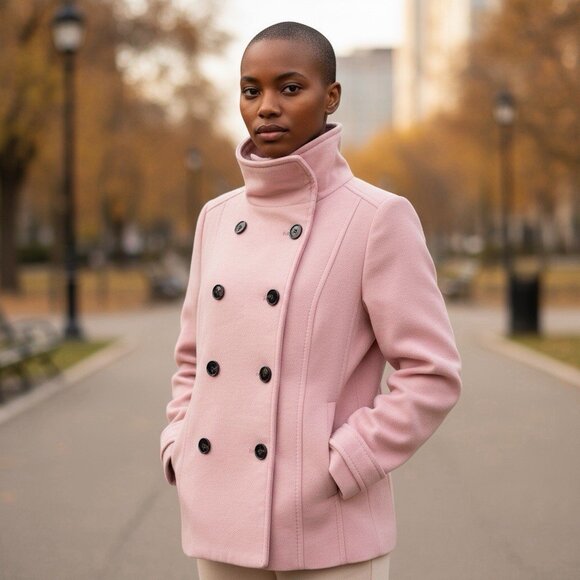 H&M Women's Pink Funnel Neck Pea Coat Double Breasted Jacket Size 14 Barbiecore - Picture 1 of 8